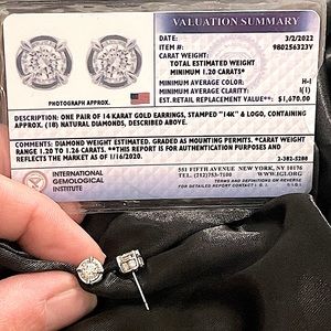 1.2+ carat genuine diamond earrings 14k white gold, IGI valuation included
